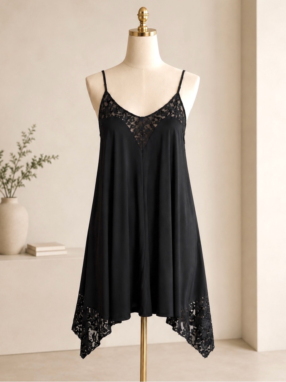Umgee Black LBD Babydoll Asymmetrical Lace Slip Dress - Picture 13 of 13
